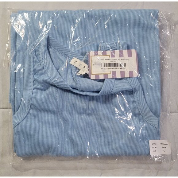 Hyfve Womens Large Midi Dress Sky Blue Ribbed Knit Sleeveless Side Slit  NTW - Picture 6 of 8